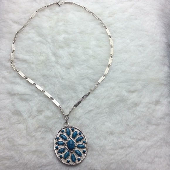 Vintage Whiting & Davis Signed Silver Tone Turquoise Pendant Necklace - Picture 7 of 7
